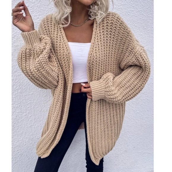 Chunky Knit Open front comfy cozy sweater Cardigan khaki - Picture 5 of 14